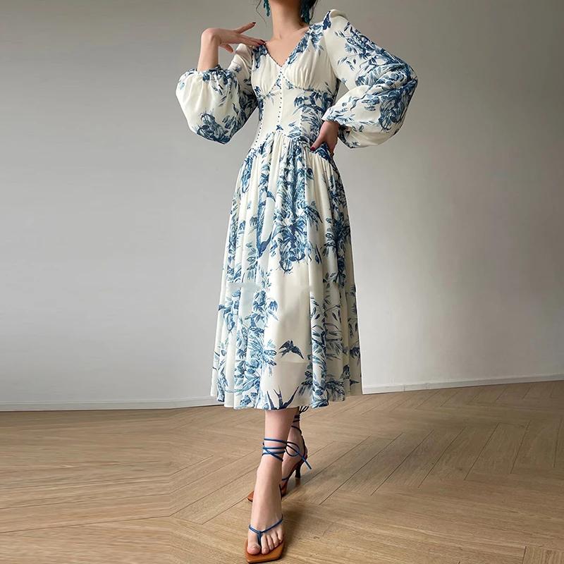 Французское винтажное платье женское весеннее шифоновое длинное платье с V-образным вырезом, расшитое бисером, с принтом и рукавами-фонариками, подол в стиле бохо макси платье