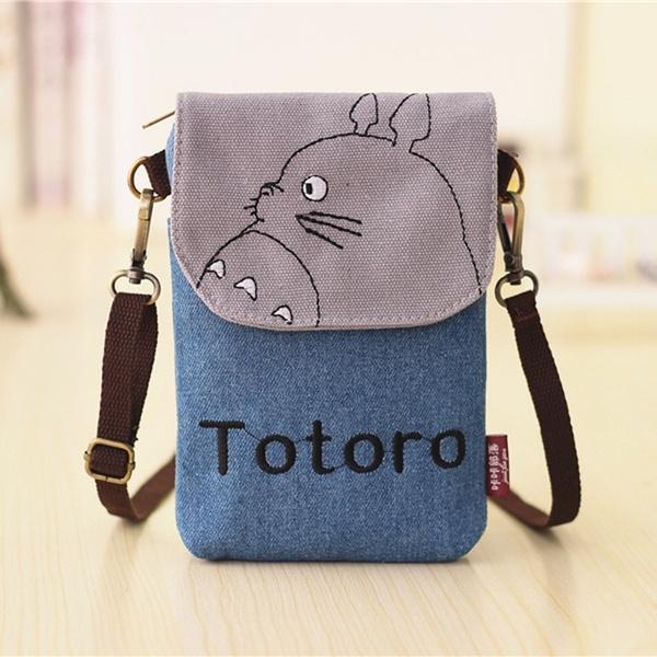 Fashion Women Shoulder Bag Cute Cartoon Totoro Print Canvas Crossbody Bag Coin Purse Cell Phone Bag Wallet