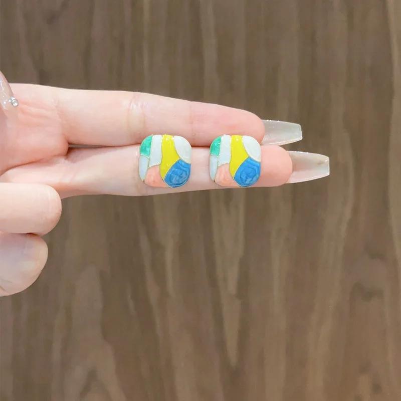 Розово-голубые женские серьги-гвоздики с сетчатой эмалью, цветные квадратные геометрические женские модные украшения для ушей в стиле бохо Brincos