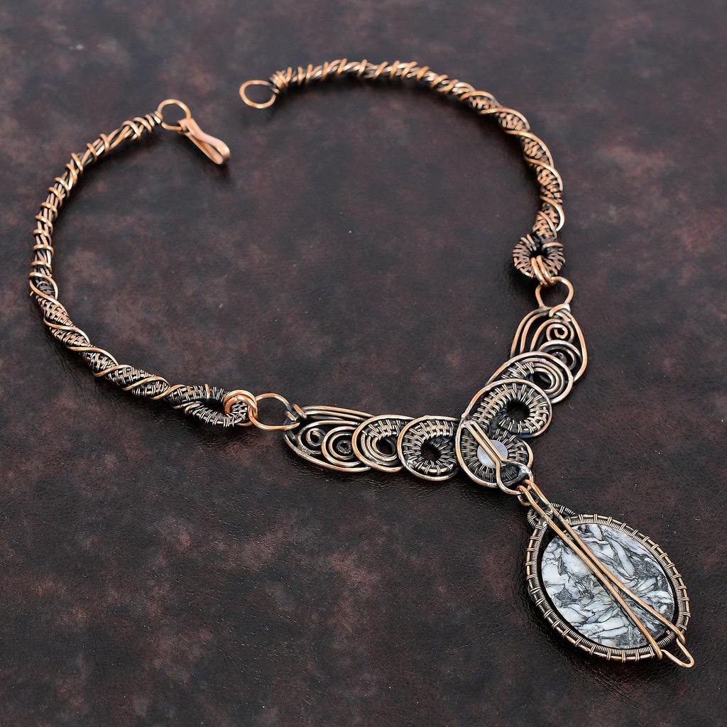 Ожерелье из пинолита из яшмы, ожерелье из медной проволоки, ожерелье из радужного лунного камня, ожерелье ручной работы из настоящего драгоценного камня, медные украшения, подарок для мамы