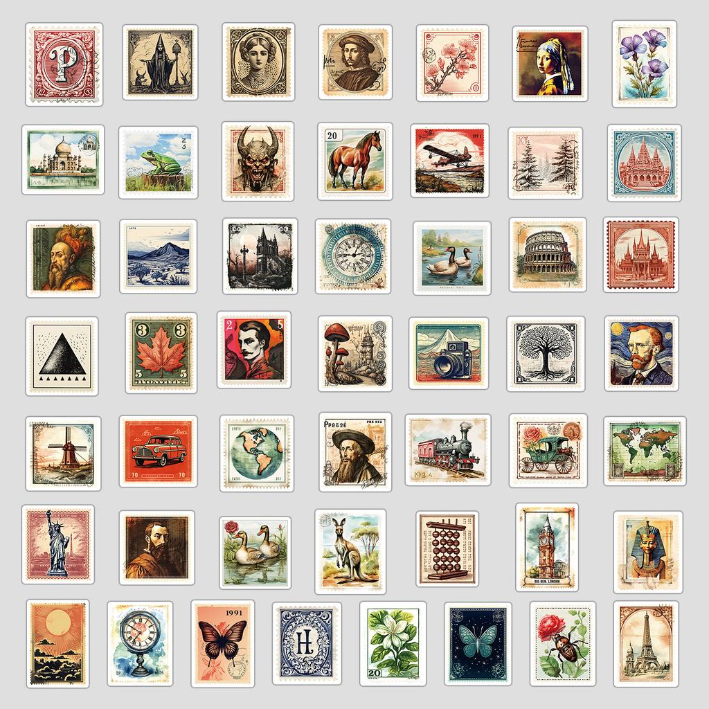50 Retro Stamp Series Graffiti Stickers DIY Stationery Stickers Water Cup Computer Waterproof Decorative Stickers