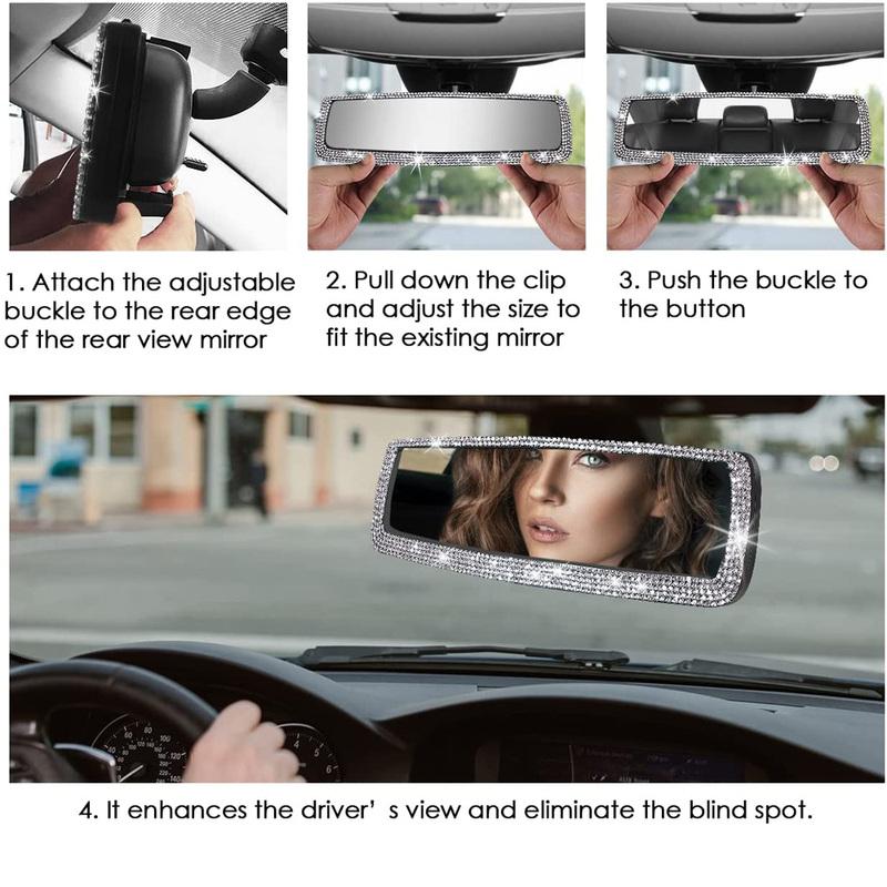 Universal Car Interior HD Rearview Mirror Decor Charm Crystal Bling Diamond Rear View Mirror Ornament Women Auto Accessories