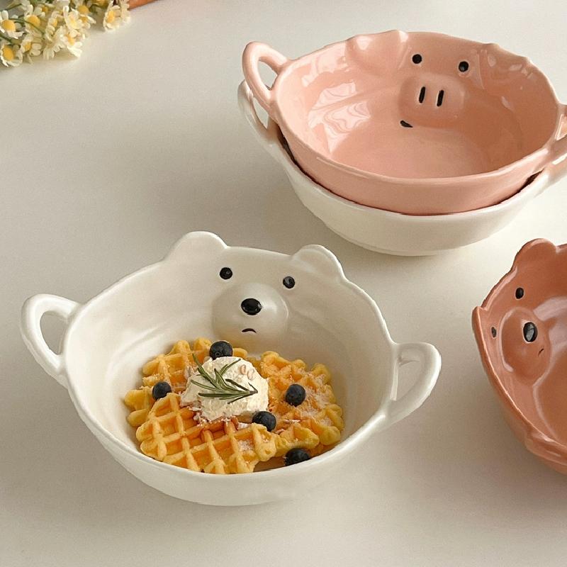 Необычная керамическая миска Милый маленький медведь и свинья Керамическая посуда Миска для завтрака с мультяшными хлопьями Йогуртовая миска Бытовая бинауральная миска