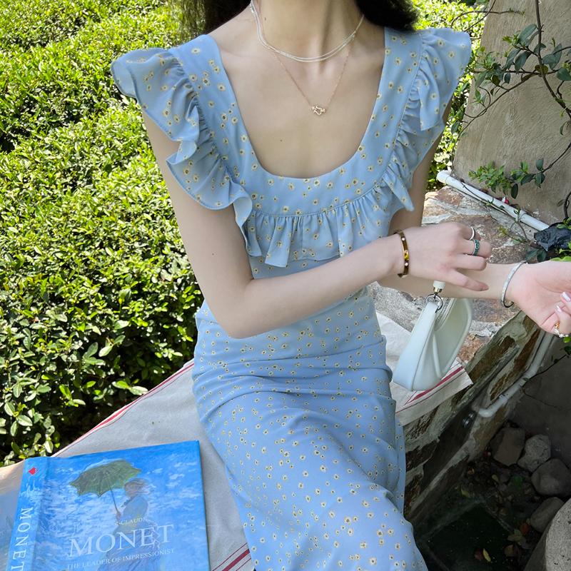 Милые платья миди с принтом для женщин с развевающимися рукавами для девочек, милые винтажные пляжные платья с оборками и цветочным принтом, макси, облегающее платье без рукавов, летнее