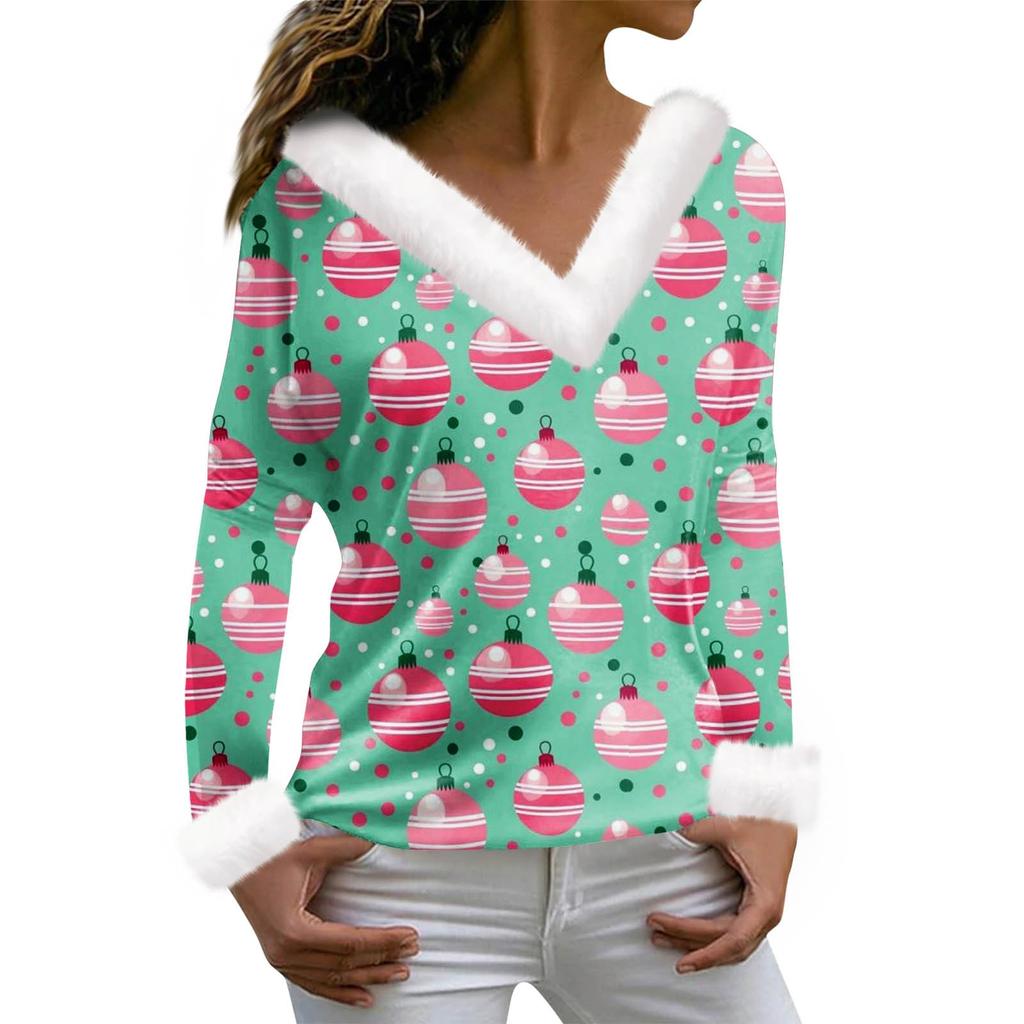 Женская футболка с рождественским принтом, футболка с длинным рукавом, флисовый воротник, топ с V-образным вырезом