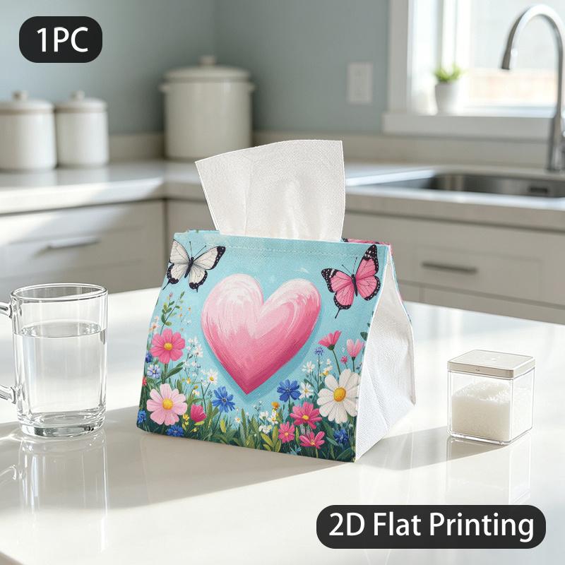 1pc Tissue Box, Brush Stroke Style Heart Butterflies Floral Romantic Pattern, 2D Flat Printing, Polyester Material, Can Be Folded, Tissue Pouch, for D