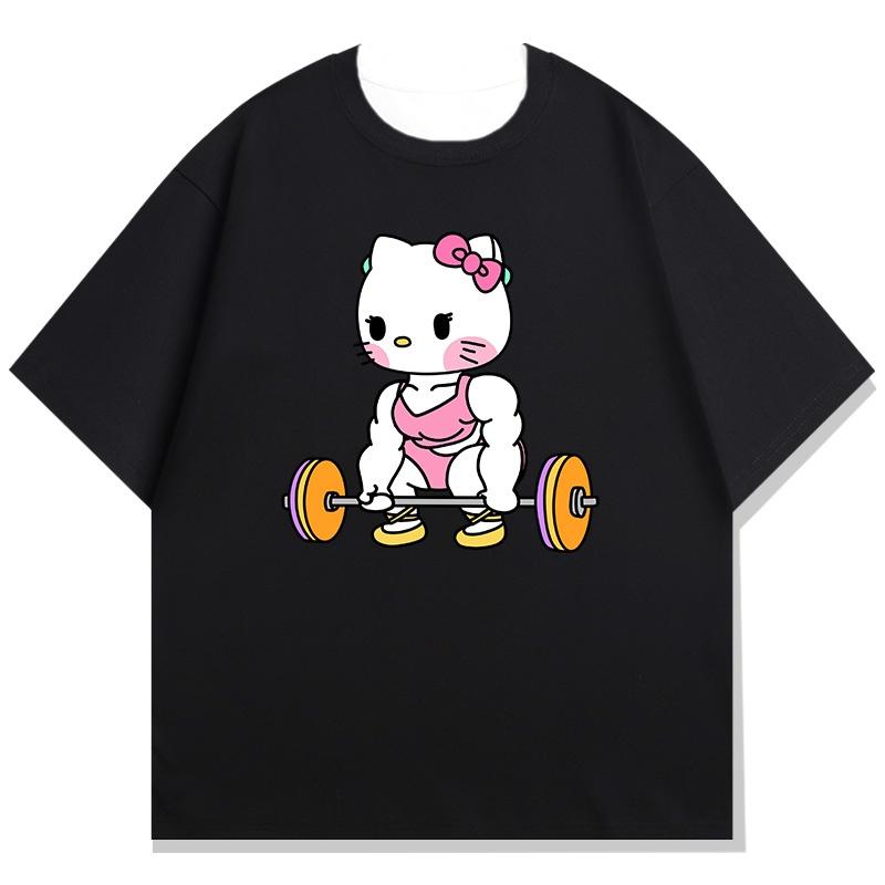 Hello Kitty Fitness Theme Printed Childrens Tshirt Loose Casual Round Neck Parent Child Short Sleeve 2026 Summer New Style
