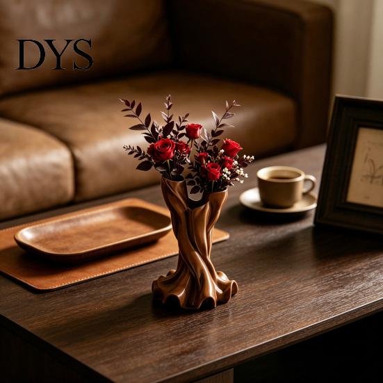 3D Printed Flower Vase Vase, Matte Wood Grain Double Tube Ornament, Mid Unique Resin Holder Century Style Floral Arrangement, for Dried Flowers