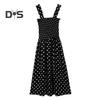 Летнее женское платье в горошек без рукавов с эластичным бюстом с квадратным вырезом трапециевидной формы с большим подолом плиссированное платье до середины икры для свиданий и покупок миди-платье