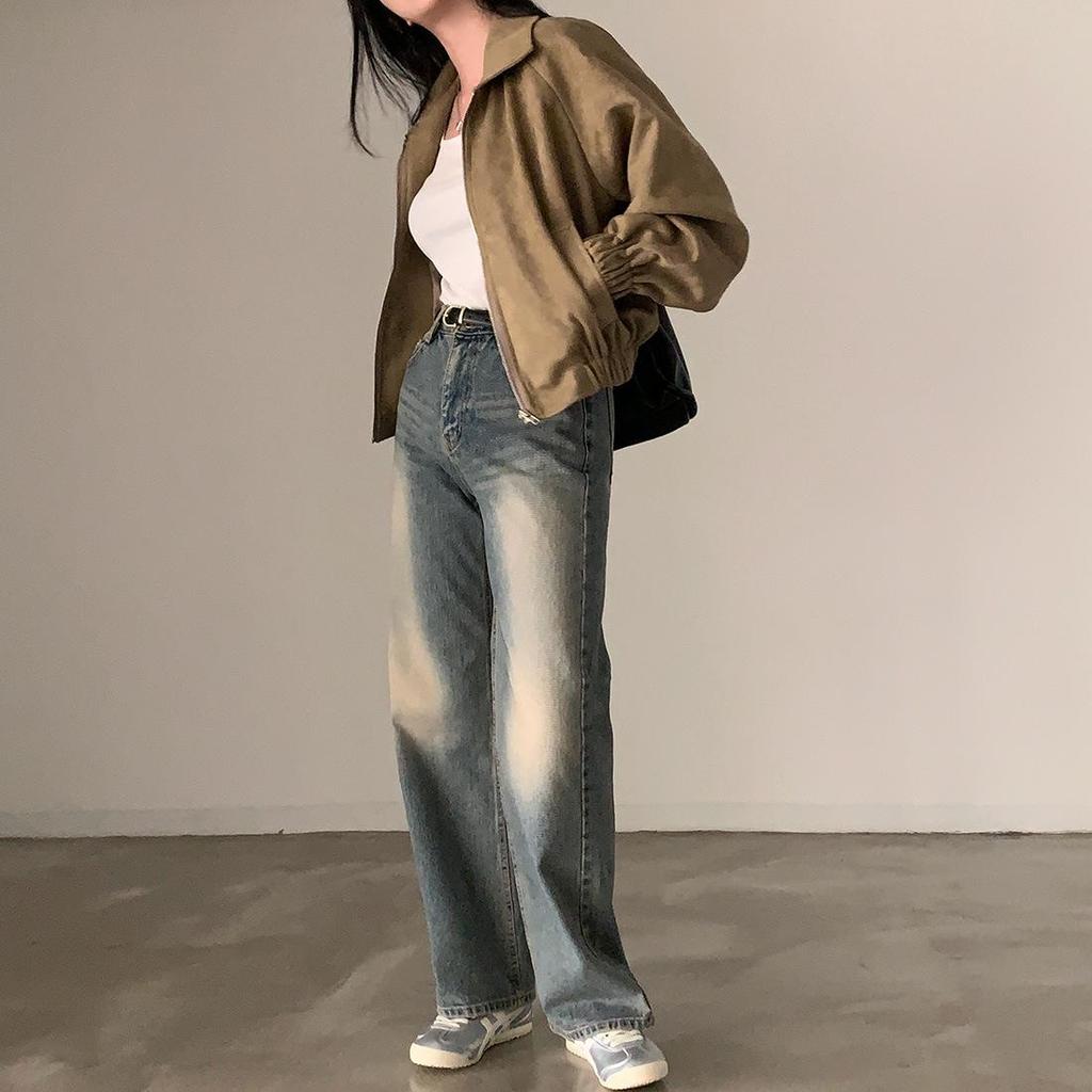 Korean Chic Autumn Retro Faux Suede Stand-Up Collar Zip-Up Jacket for Women