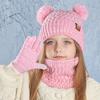 Kids Winter Hat Gloves Scarf Set Cold Weather Knitted Bear Hat with Pom Fleece Lined Neck Warmer Mitten Set for Girls Boys Ages 4-10