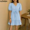 Женское летнее платье с V-образным вырезом, коротким рукавом, однотонное, с драпировкой