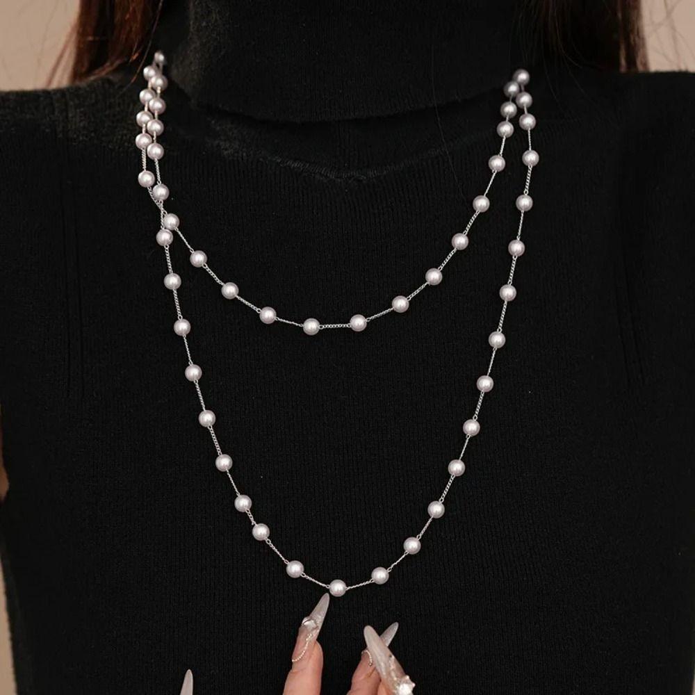 Fashion Sweater Chain Double-layer Collarbone Chain High-end Long Pearl Necklace Party