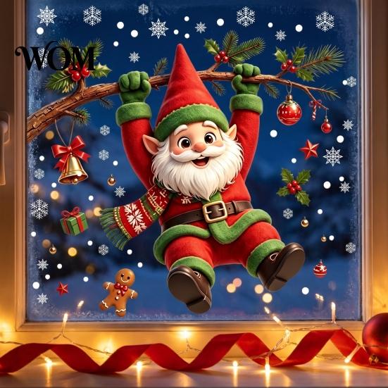 Holiday Window Decorations Cute Gnome Christmas Static Cling, Removable Decal with Holly Bell Pattern Stickers Gingerbread Snowflake, Decor
