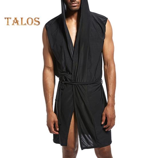 Мужской халат с поясом, капюшоном, без рукавов, однотонный халат из ледяного шелка, с открытой передней частью, мягкий домашний халат из ледяного шелка