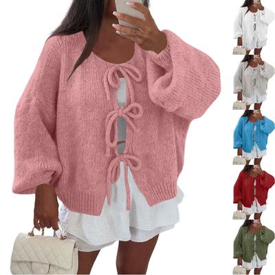 Женский кардиган с круглым вырезом и длинными рукавами, на шнуровке, приталенный