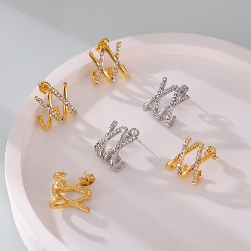 Винтажные серьги-гвоздики с крестообразной оправой и бриллиантами Niche Unique Design X Letter Temperament Titanium Steel Earrings Spot