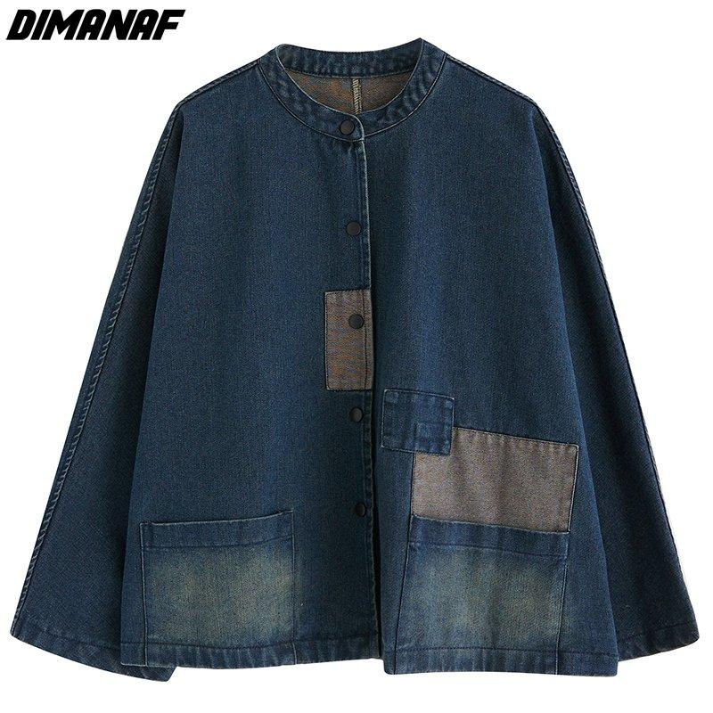Dimanaf 2023 New Plus Size Spring Jacket Coats Women Patchwork Coats Denim Casual Loose Cotton Buttons Oversize Short Jacket Blue