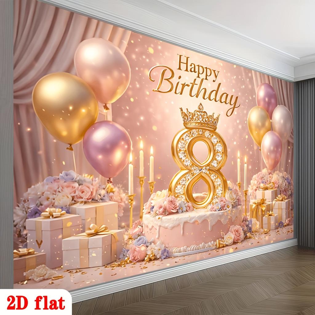 Party Banner with Golden 8 Crown Cake Balloons, Pink Flowers and Candles, Glitter Birthday Backdrop Decoration for Room, Home, Club, Farm