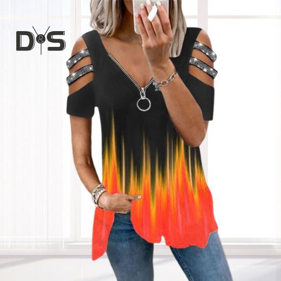 Женская летняя футболка с открытыми плечами, декор со стразами, короткие рукава, большие размеры, свободный подол, V-образный вырез, градиентный контрастный цвет, женская блузка