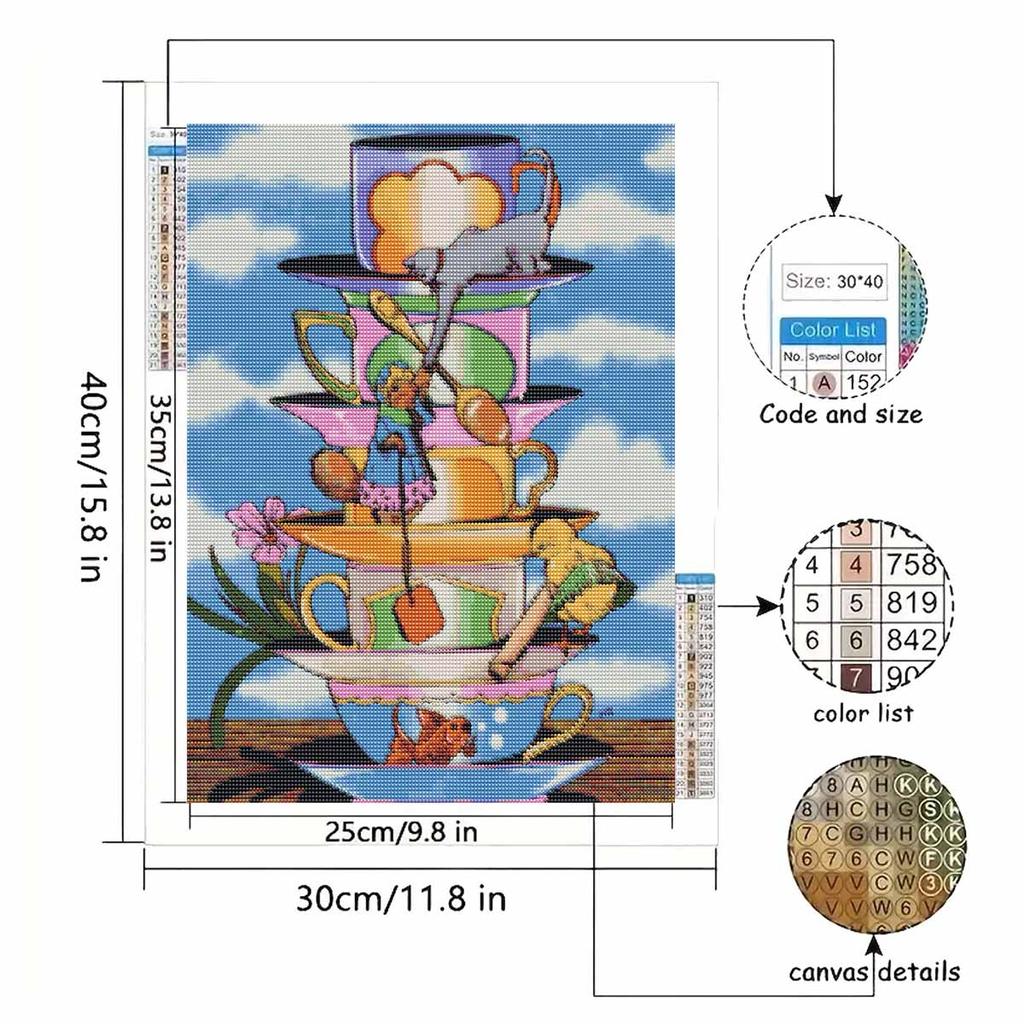 Diamond Painting Kit Full Diamond Round Mosaic Whimsical Stacked Teacups Floral Bird Cat Home Decor Gift