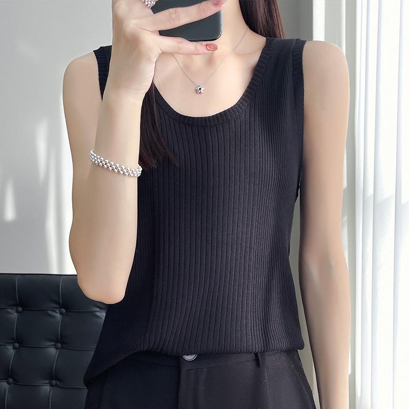 Женская летняя безрукавка из шелкового трикотажа Ice Silk Kint Camisole - Полосатый жилет с круглым вырезом