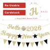 2026 New Year Holiday Decoration Banner Golden Letter Glitter Hello 2026 Happy New Years Banner Black Triangle Flag Star for Happy New Year