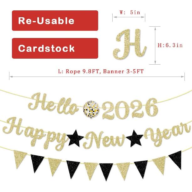 2026 New Year Holiday Decoration Banner Golden Letter Glitter Hello 2026 Happy New Years Banner Black Triangle Flag Star for Happy New Year