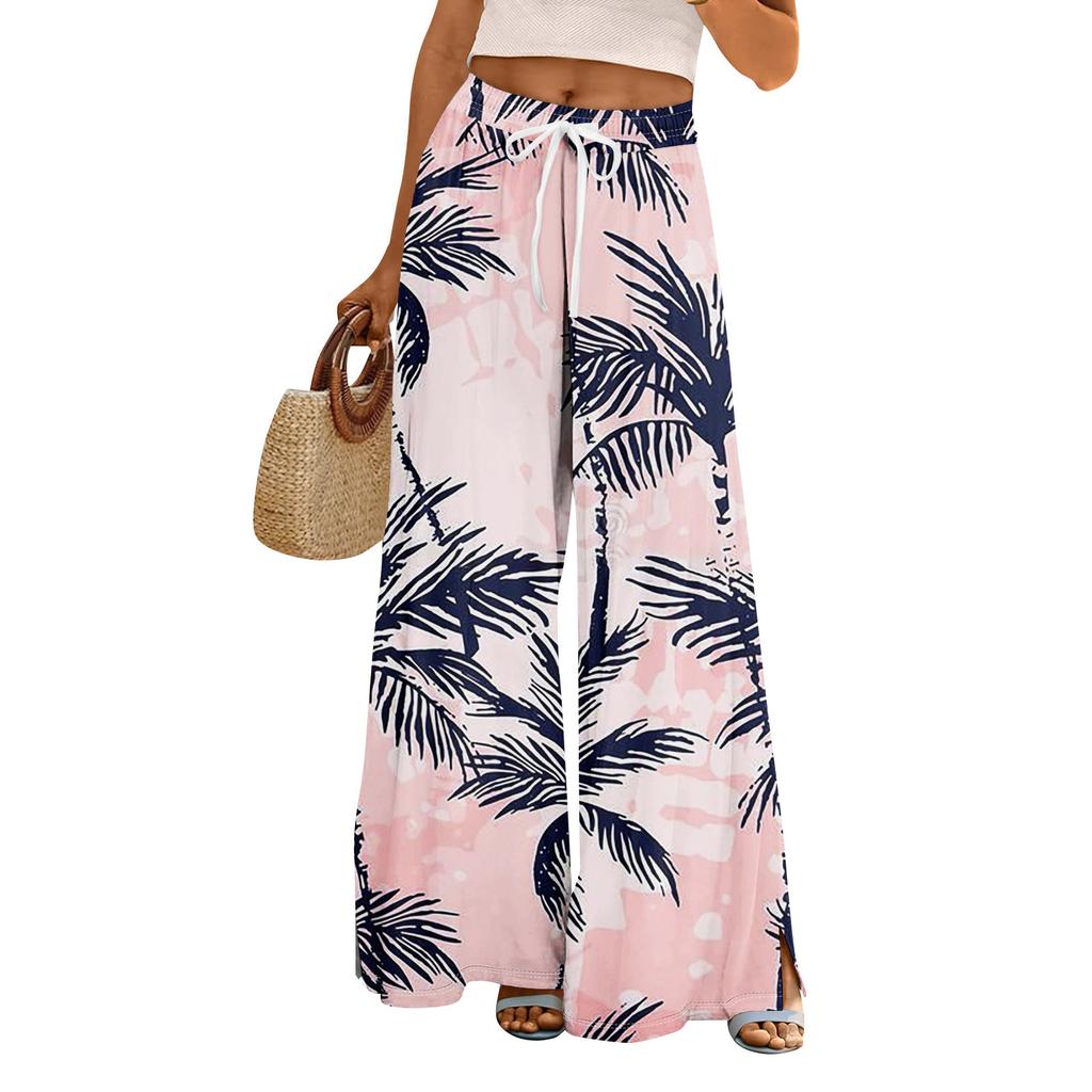 Women Summer Boho Palazzo Pants High Waist Wide Leg Rinting Casual Trousers With Pockets