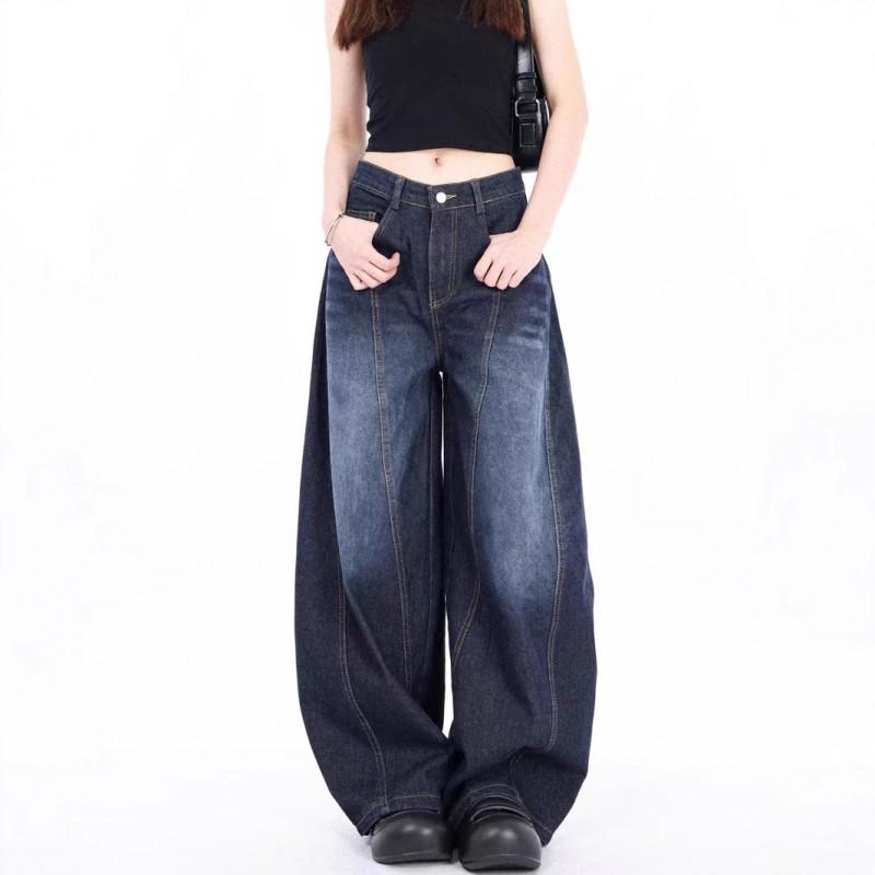 Womens High-Waisted Baggy Wide-Leg Denim Jeans Water Washed Blue Streetwear Style