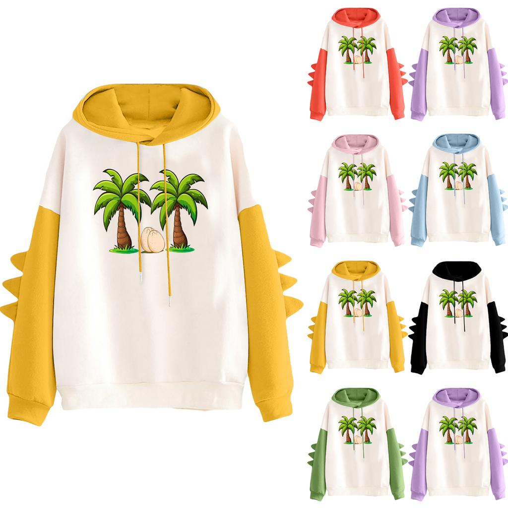Women's Printed Contrasting Dinosaur Loose Casual Hoodie
