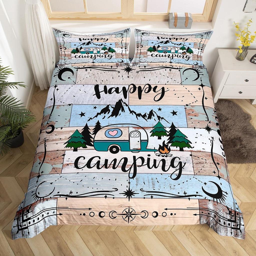 Camping Duvet Cover Lodge Cabin Camp Travel Car Bedding Set,Happy Glamping Trailer Comforter Cover Queen,Vintage Farmhouse Decor