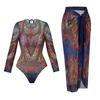 2025 Long Sleeve Sheer Sun Protection One-Piece Set Swimsuit Women Sexy Rash Guard Swimwear Bodysuit Beachwear With Coverup