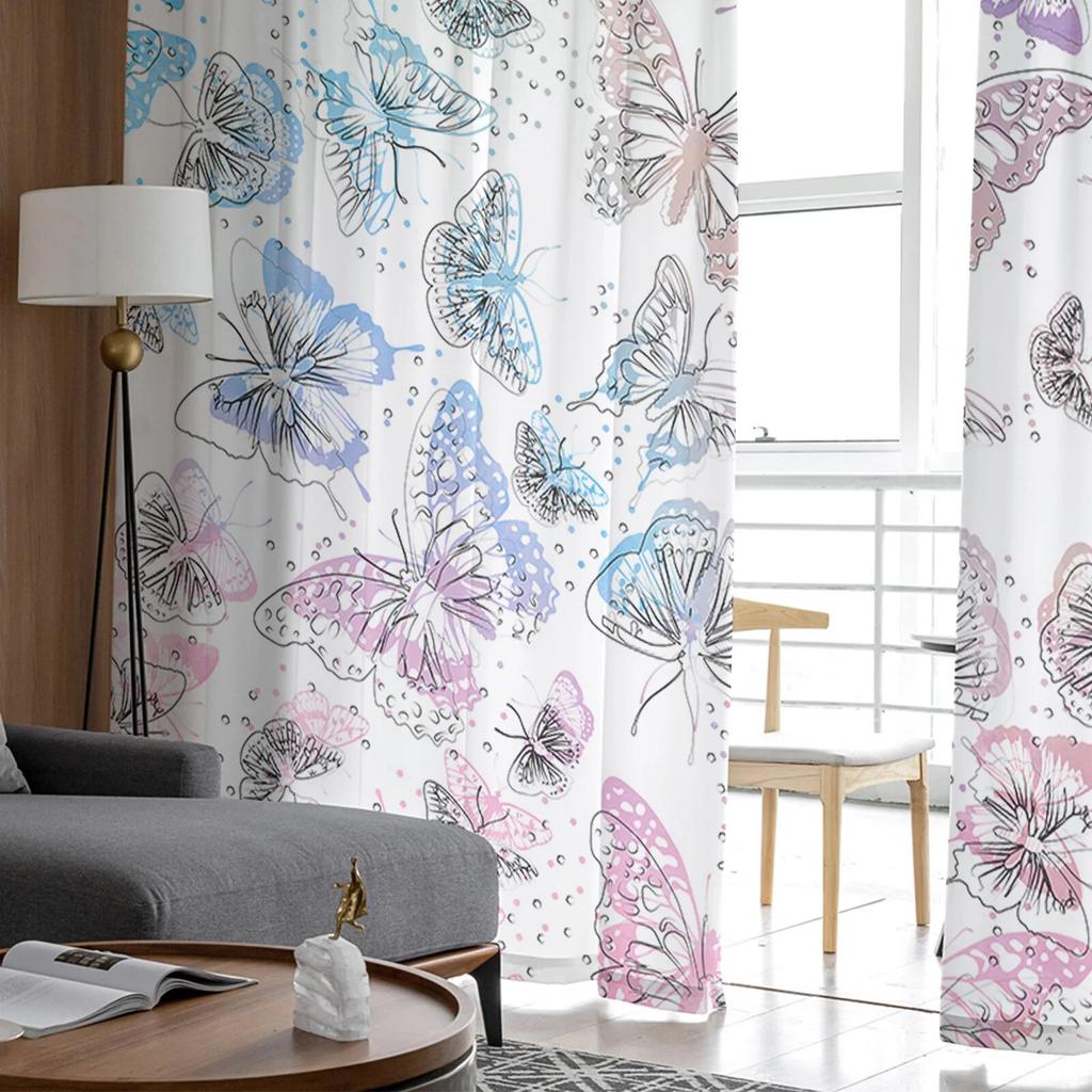 Spring Butterfly Hand-painted Watercolor Sheer Curtains Elegant Voile Tulle for Bedroom Window Holiday Decoration
