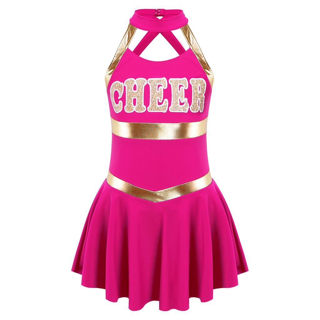 Girls Sleeveless Round Collar Letter Print Crisscross Straps Hollow Back Cheerleading Dance Dress