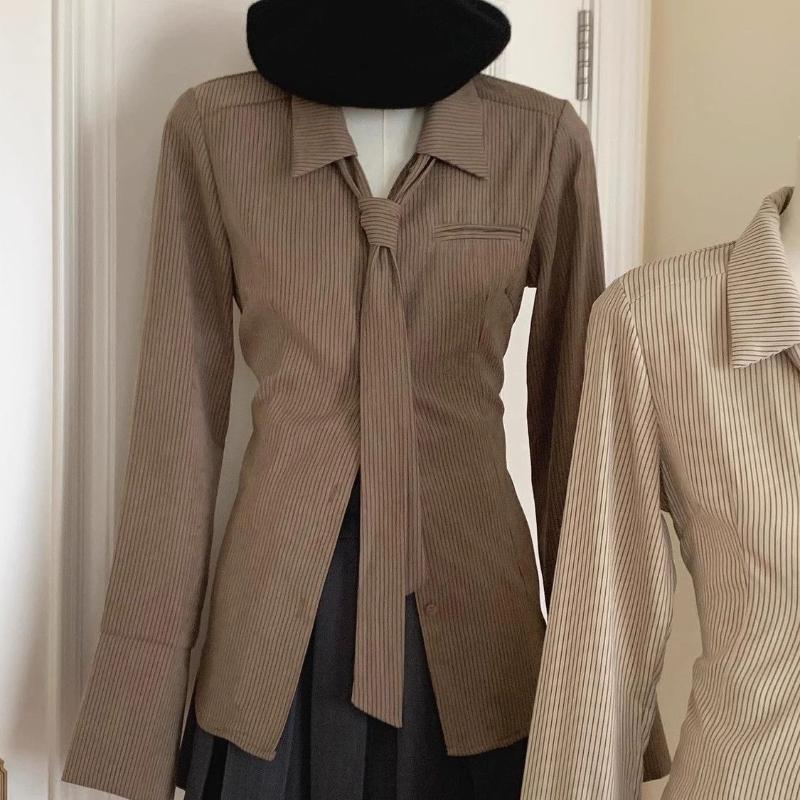 Striped Shirt Spring Autumn Lazy Style Women's Top Long Sleeved French Pink Solid Color Cardigan Slim Fit Blouse