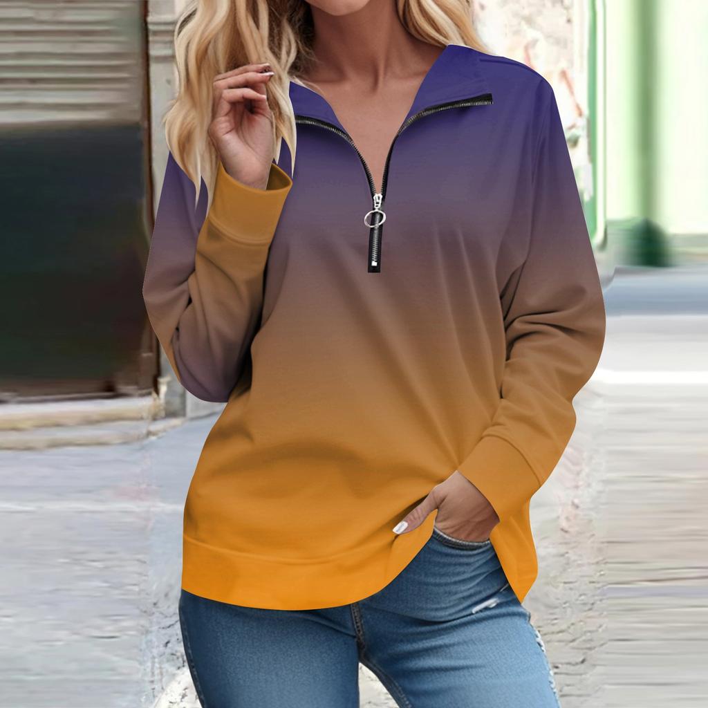 Рубашки на молнии с длинным рукавом для женщин Градиентная печать Графические футболки Блузки Повседневные топы Пуловер