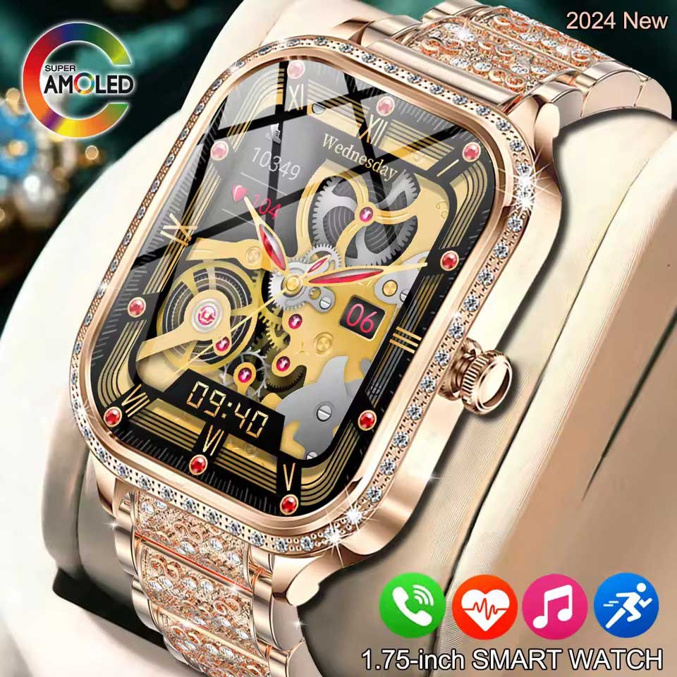 Новые модные женские умные часы с пульсометром 1,75 дюйма 240*296 HD экран часы с бриллиантами Bluetooth звонок водонепроницаемые умные часы для женщин
