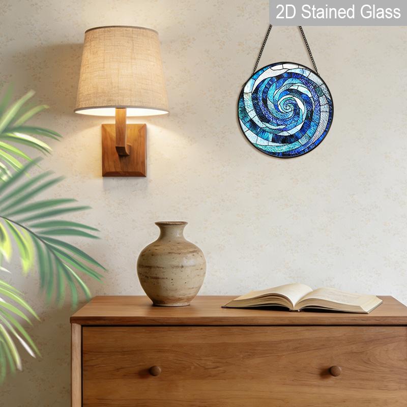 2D Flat Stained Glass Blue Abstract Swirl Window Decoration, Ocean Design Colored Glass Plate with Chain, Charming Summer Sun Catcher Home Decor
