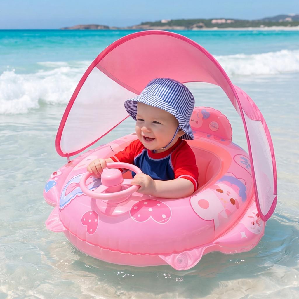 PVC Inflatable Toddler Floaties with Canopy and Anti-Tip Seat Leak-proof with Steering Wheel Baby Beach Sunshade Boat Seat Ring