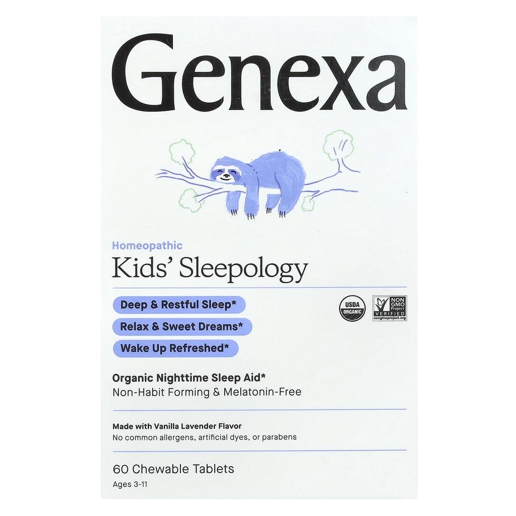 Genexa, Kid's Sleepology, Organic Nighttime Sleep Aid, Vanilla Lavender Flavor, Ages 3 and Up, 60 Chewable Tablets