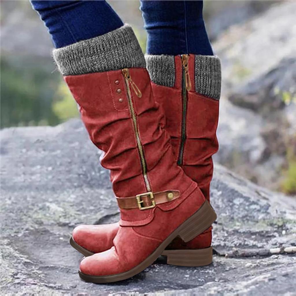 Women's Fall and Winter Mid-length Non-slip Wear-resistant Chunky Boots Splicing Temperament Side Zipper Boots