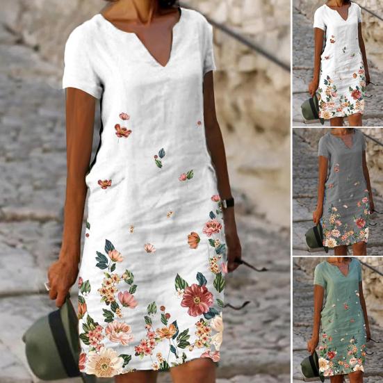 Женское летнее платье с v-образным вырезом и цветочным принтом, свободное прямое платье-пуловер длиной до колена, цветное платье миди, женская одежда