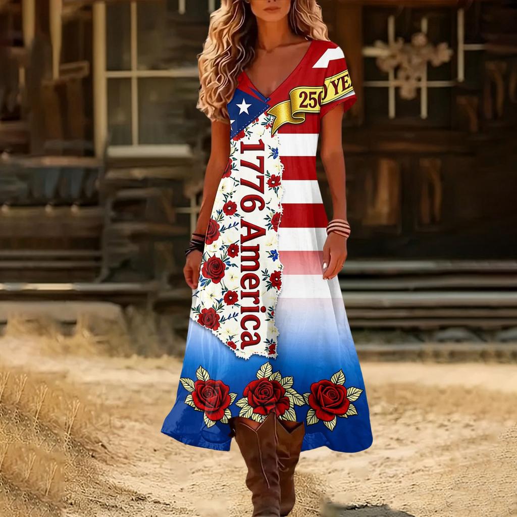 Women’s V Neck Short Sleeve Maxi Dress with 1776 America Print Gradient Hem and Floral Graphic Casual Loose Fit