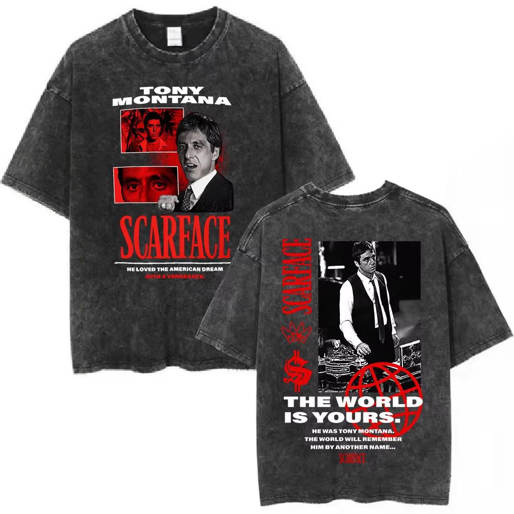 Hot Sale Vintage Washed Movie Scarface The World Is Yours Tony Montana Al Pacino T-shirts Unisex Hip Hop Retro Oversized T-shirt