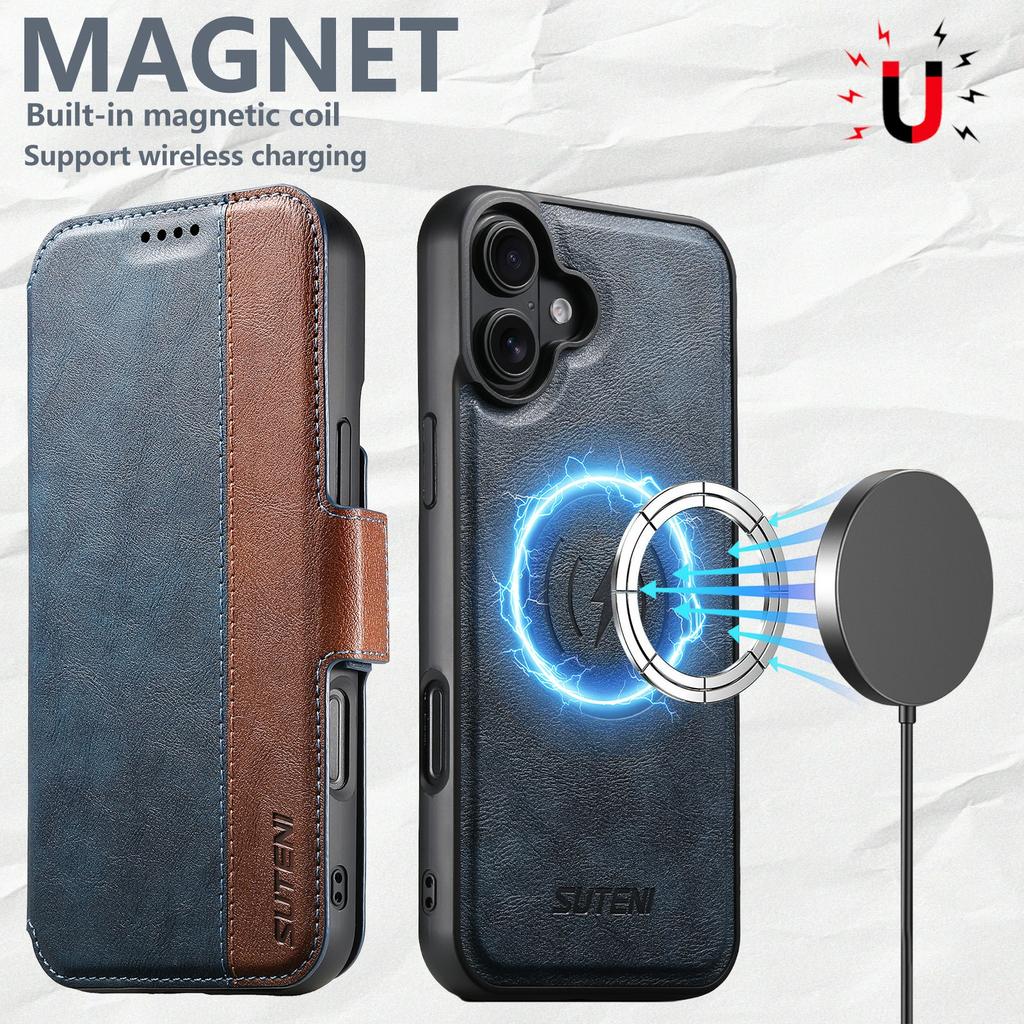 SUTENI Q-07 For iPhone 17 Case Magnetic Color Splicing Cowhide Texture Leather Cover