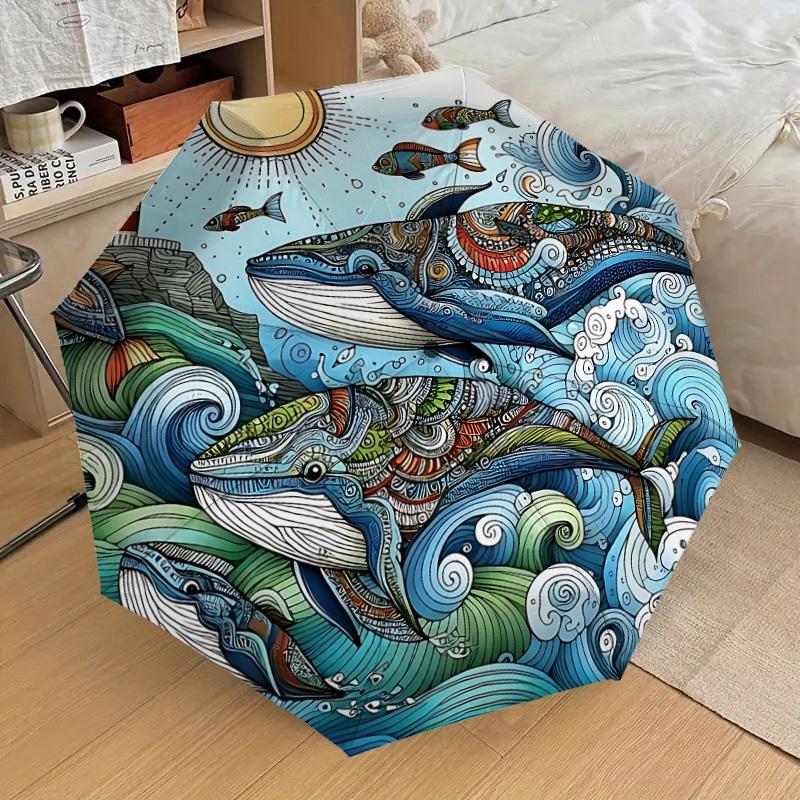 1PC Whale Ocean Automatic Open/Close Umbrella with Windproof, 8-Rib Sturdy Canopy, Durable Ribs, Fashionable Design, Outdoor Accessory, Fun Prin, Holi