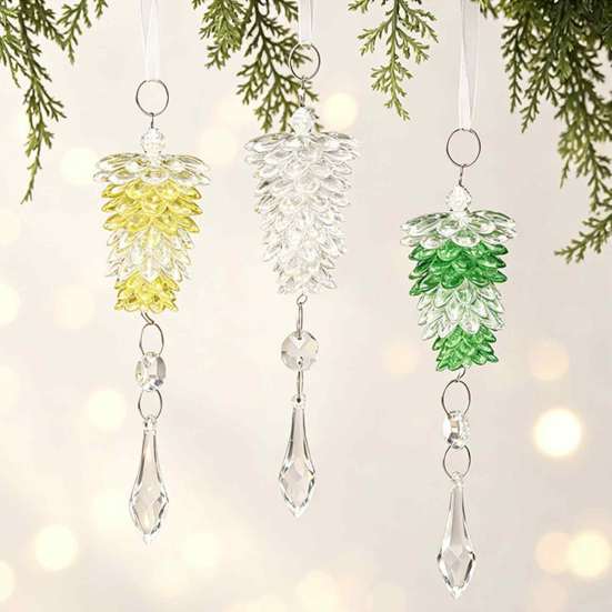 Seasonal Crafting Supplies Acrylic Pine Cone Pendant with Faux Crystal Drop, Christmas Tree Garland Decor Hanging Ornaments, Transparent Gradient