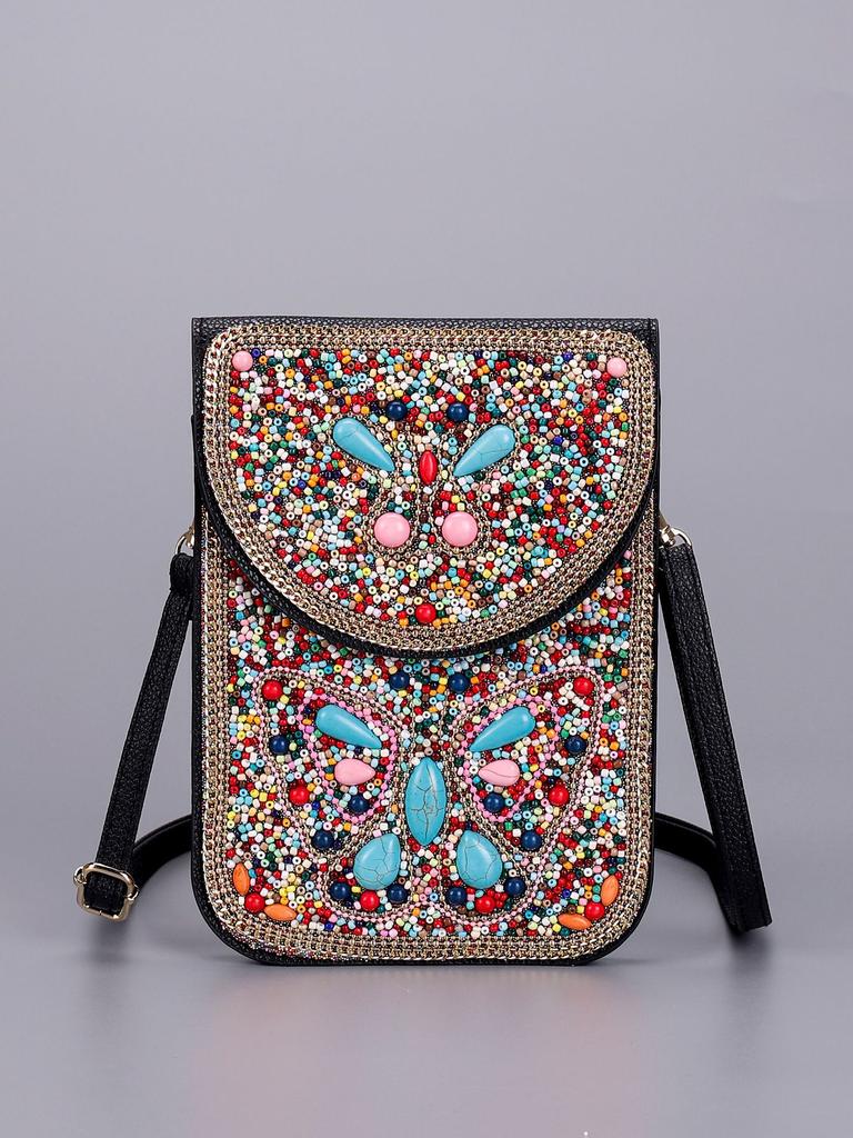 Butterfly & Flower Pattern Retro Ethnic Style 2026 New Handmade Beaded PU Crossbody Mini Phone Bag Women's Shoulder Purse