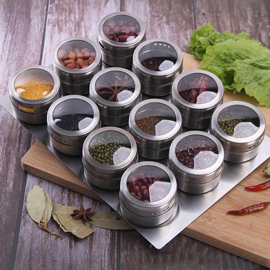 Magnetic Spice Tins Stainless Steel Spice Container Seasoning Jar Spice Jars Storage Box with Transparent Lid for Storing Herbs